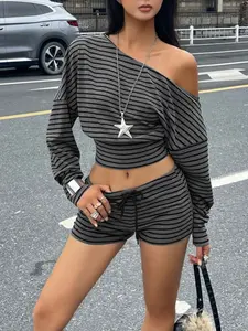 Women's Casual Set, Irregular Asymmetrical Shoulder Design, Waist Cinching Slimming T-Shirt & Shorts, Versatile