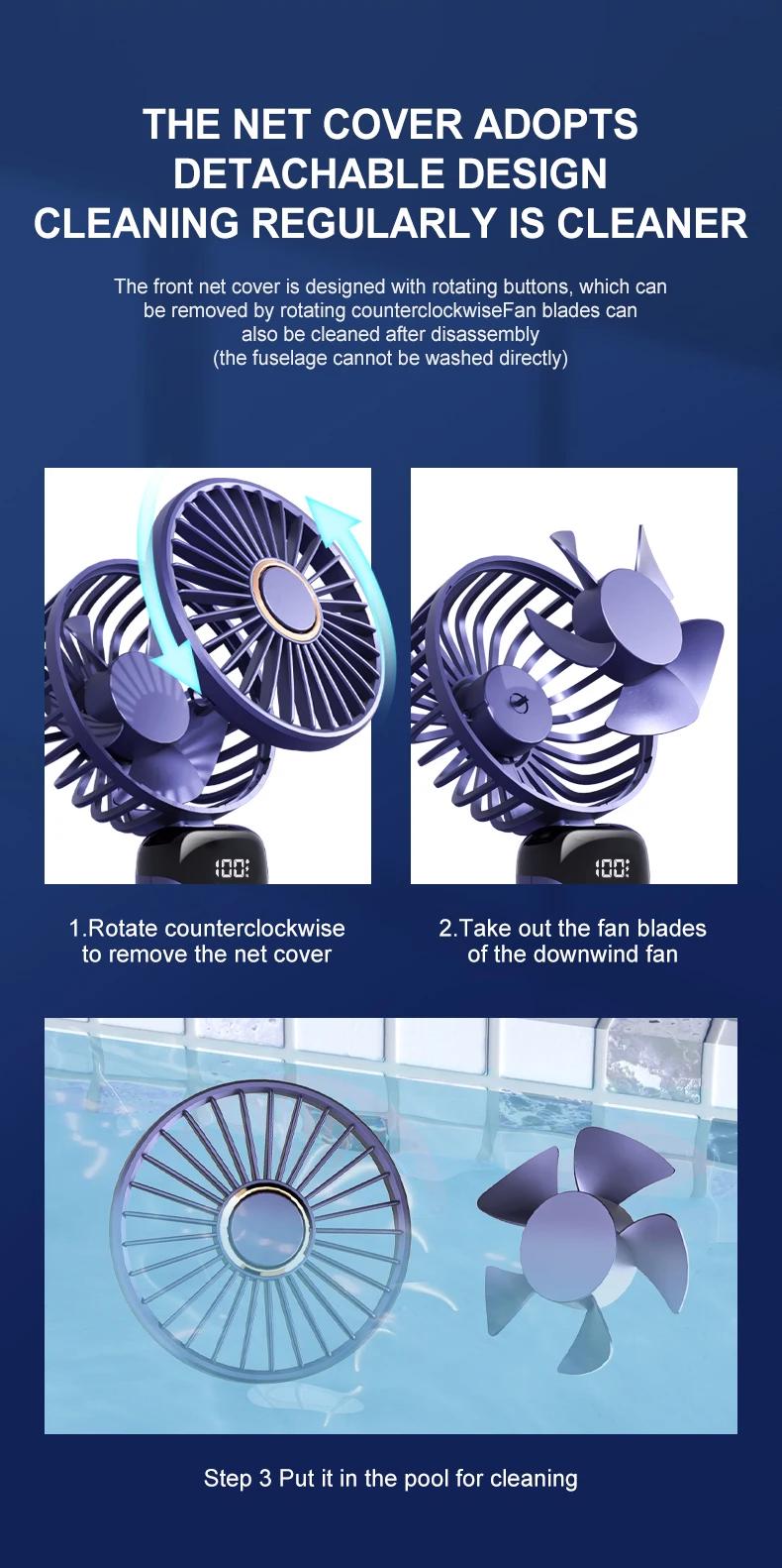 3000mAh Handheld Mini Fan Foldable Portable Neck Hanging Fans 5 Speed USB Rechargeable Fan with Phone Stand and Display Screen