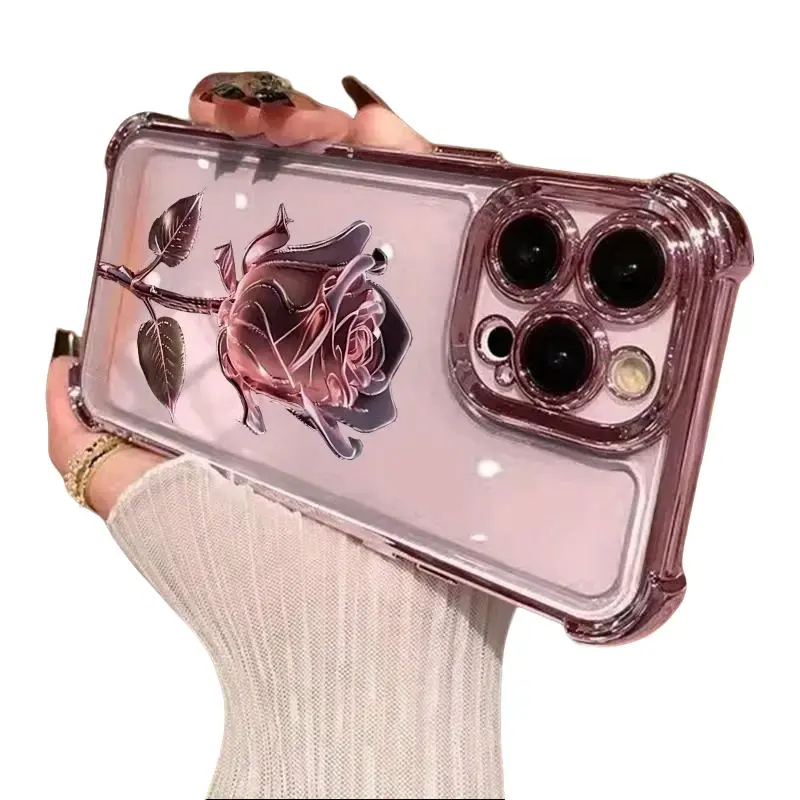 Pink Rose Electroplated Pattern TPU Smartphone Casing - Drop-Proof, Non-Slip Cellphone Accessory, Compatible with iPhone 17 Air,16 Pro Max,15 Plus,14,13,12,11 & Samsung Galaxy S25 Ultra,S24,S23 FE,S22, Handheld Gift Option QXA827, Accessories, Protective,