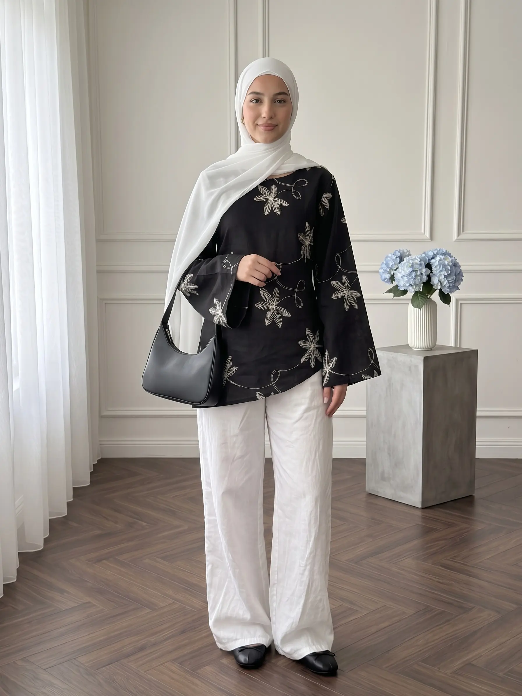 #CL81 Women Modest Long Sleeve Blouse with Leaf Embroidery, Round Neck Flared Sleeve Casual Top,tie back, Loose Curved Hem Islamic Daily Wear Shirt
