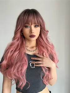 28 Inch Ombre Dark Root Wavy Copper Color Synthetic Material Wigs with Bangs, Natural Look Stylish Wig for Daily Wear & Special Occasions for Women, Synthetic Hair Wigs