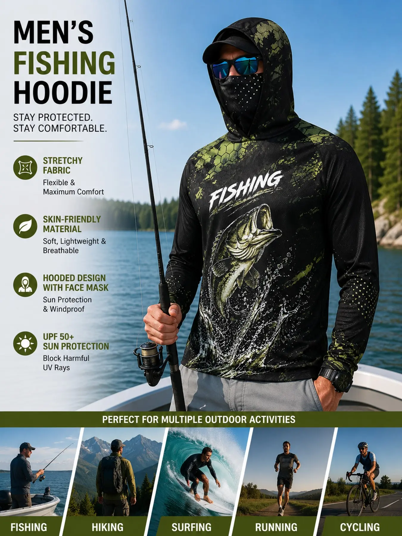 Men's Upf50+ Sun Protection Fishing Shirt, Hooded Long Sleeve Quick-Dry Breathable T-Shirt, All-Over Print, Sporty Style, Loose-Fit, Outdoor Sports Top, Quick Drying Tops, Premium Outdoor Apparel