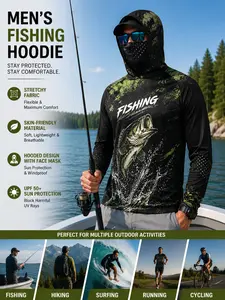 Men's Upf50+ Sun Protection Fishing Shirt, Hooded Long Sleeve Quick-Dry Breathable T-Shirt, All-Over Print, Sporty Style, Loose-Fit, Outdoor Sports Top
