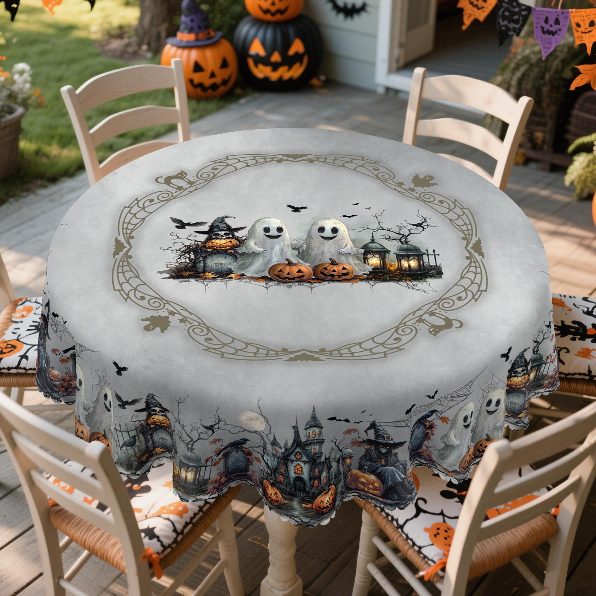 BOOPBEEP Halloween Printed Tablecloth - Vintage Farmhouse Style, Pumpkin & Black Cat Patterns, Rectangular/Round Dining/Kitchen Cover, Nostalgic Halloween Decor, Brunches Indoors Use, Holiday Gift, Pumpkin Ghost Pattern Kitchen Linen Sets, Decoration, Ind