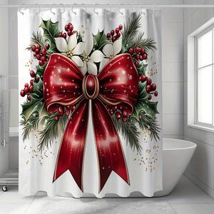 1pc Christmas Shower Curtain Set - Vibrant Red Bow & Wreath Design, Machine Washable Polyester, Waterproof, Easy-Care, Ideal for Holiday Bathroom Decoration Accessories, House Decor, Christmas Gift (Includes 12 Hooks)