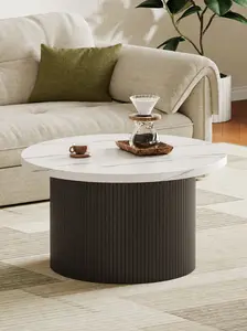 【CategorySelect】ONBRILL 31.5" Gorgeous Fluted Coffee Table, Round Mid Century Coffee Tables for Living Room, Cute Modern Wood Coffee Table, Drum Accent Small Center Table, Bedroom Furniture