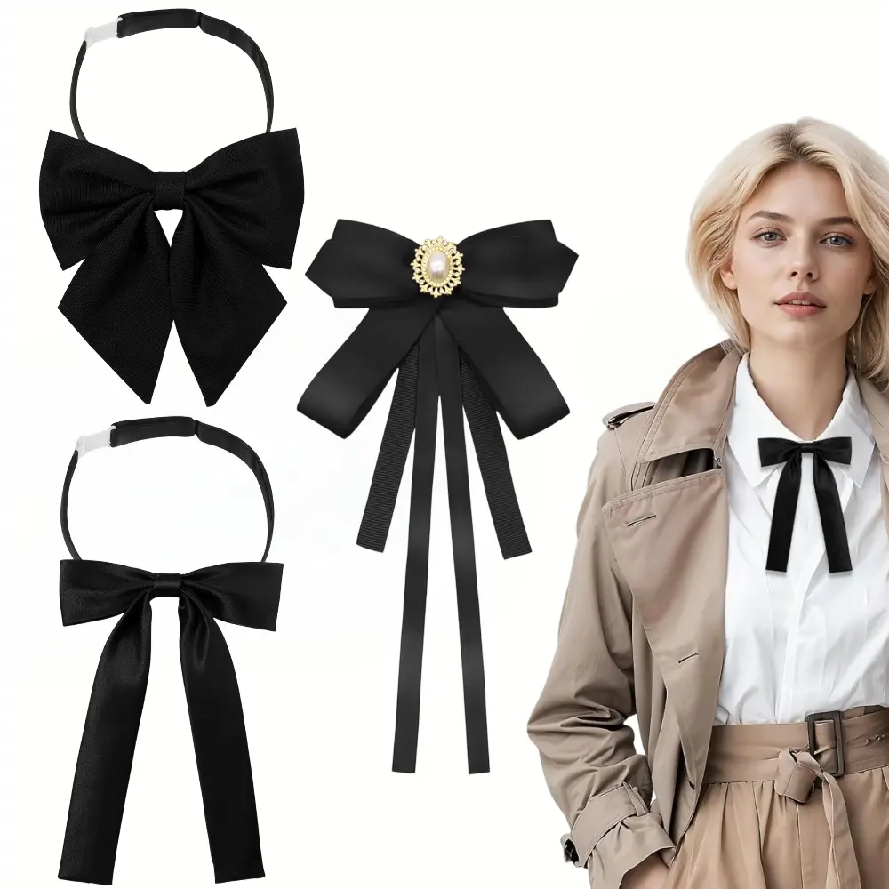 3Pcs Ladies Adjustable Pre tied Bowtie - Solid Color Bow Ties for Women - Clip on Ribbon Faux Pearl Rhinestone Necktie for Shirt School Uniform, Bow Tie Design, One Size