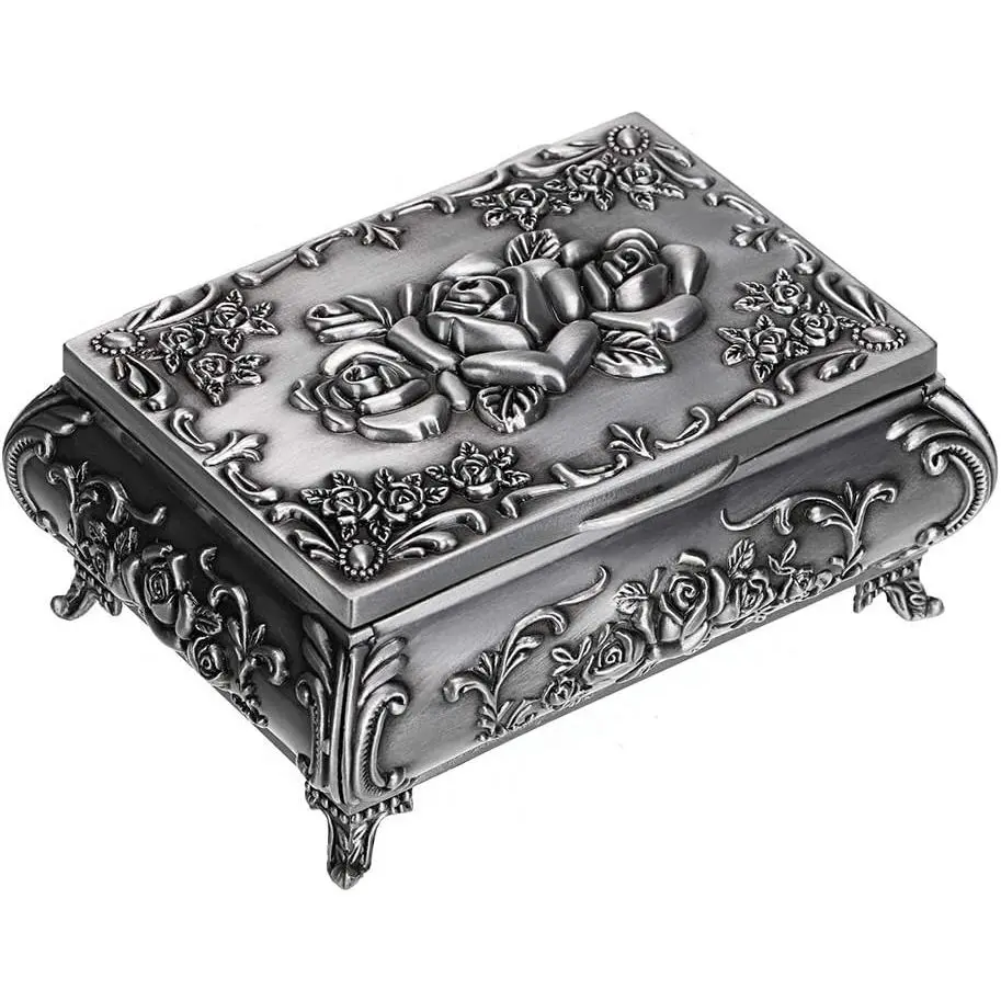 Vintage Metal Trinket Box - Antique Finish Compact Small Scale Jewelry Storage for Rings, Earrings, Necklaces, Antique Jewelry Boxes & Organizers, Women's Home Keepsake Gift