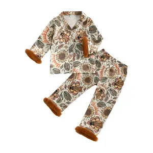 Kids Toddler Girl Thanksgiving Pajamas Fuzzy Trim Long Sleeve Turkey Print Button Down Shirt Tops and Pants 2pcs Pjs Sets Sleepwear