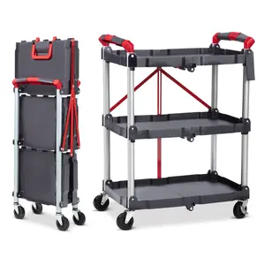 Portable Folding Service Cart, 3 Tier 56LBS Capacity Folding Utility Cart Rolling Utility Foldable Cart with Wheels for Warehouse Home Workshops Garages Restaurants Offices
