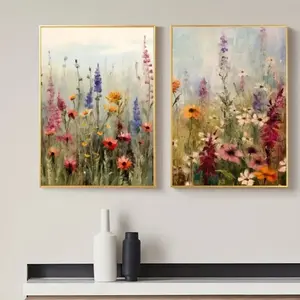 2-Piece Wooden Frame Colorful Wildflower Meadow Plant Print Canvas Art Set, Country Floral Landscape Wall Decor for Home Office Decoration