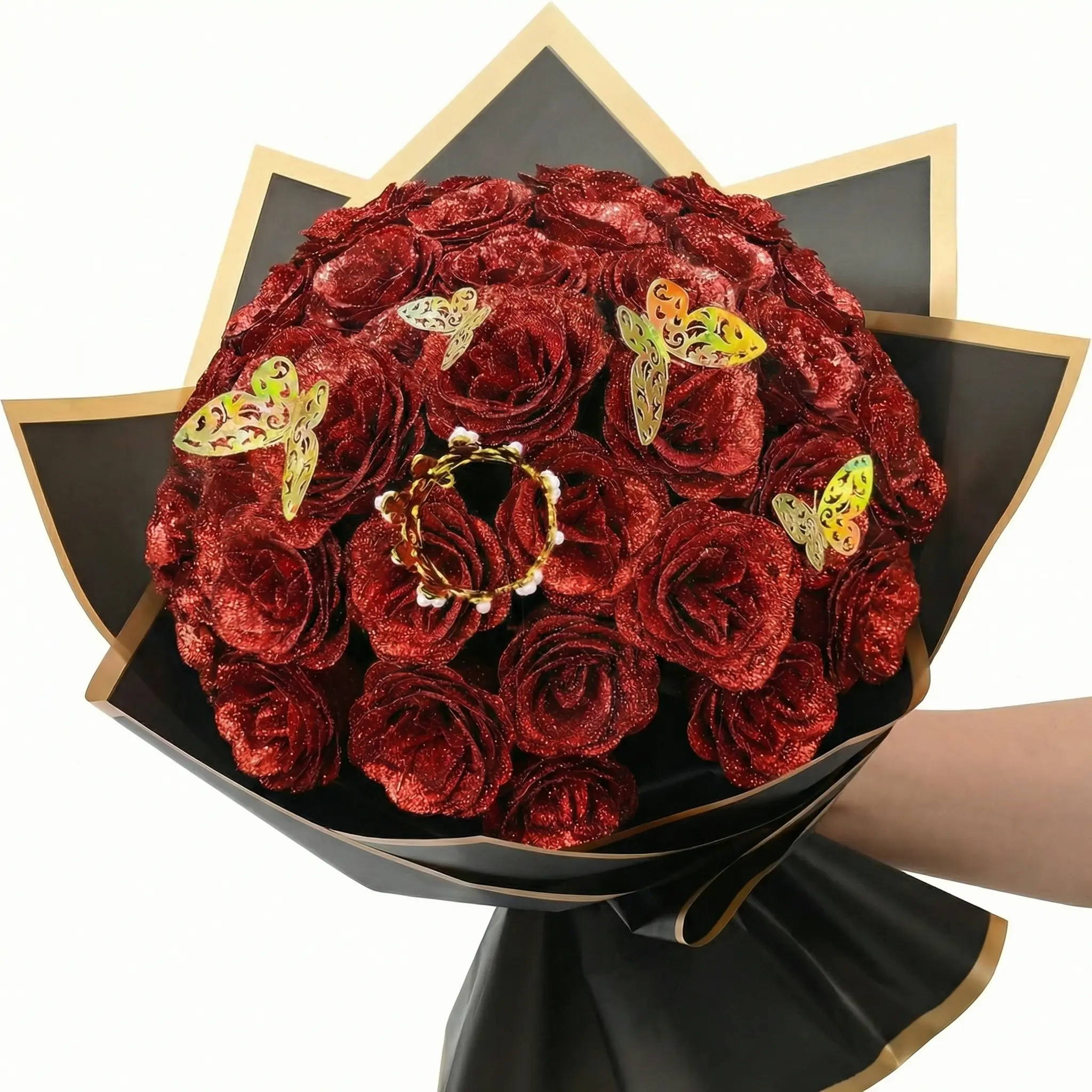 24-Pcs Glittered Plastic Rose Bouquets - Silk Faux Flowers Decorative DIY Craft Kit with Accessories, Lifelike Floral Decor, Valentine’s Day Women's Gifts, 6 Butterflies