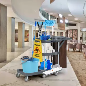 Commercial Janitorial Cart on Wheels, 3 Shelves Cleaning Trolley Cart with 16-Gallon Trash Bag, 165 Lbs Capacity Plastic Housekeeping Carts, Ideal for Hotel School Business