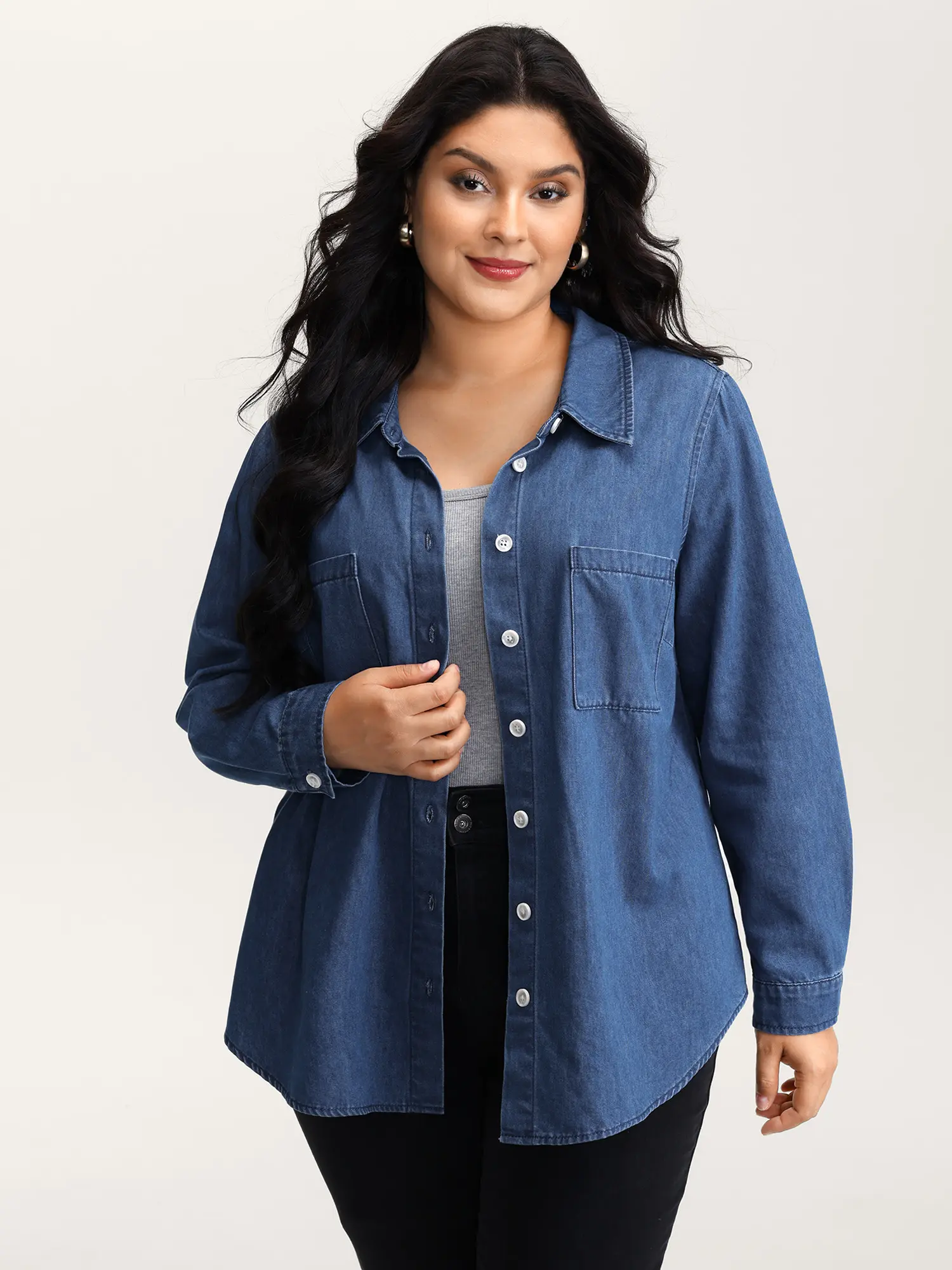 BloomChic Plus Size Casual Classy Dark Wash Denim Blouses, Long Sleeve with Collared Neck and Patch Pocket, No Stretch, Button Front, Easy On-Off