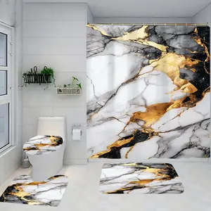 1/4 piece black gold marble design bathroom set, including soft floor mat, toilet seat cushion, shower curtain, creating elegant decoration, home decor, floor mat with good rebound, water absorption, anti slip, preferred for gift giving