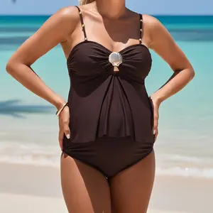 Maternity 2 Piece Swimsuit Set Seashell Spaghetti Strap Ruffle Tops and Thongs Bikini Bathing Suit for Pool Beach