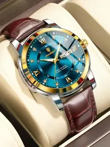 Top Luxury Men's Durable Watch, 30m Waterproof, Blue Analog Dial, Date Week Display, Luminous Hands, Leather Strap, Quartz Movement, Quartz Wristwatch