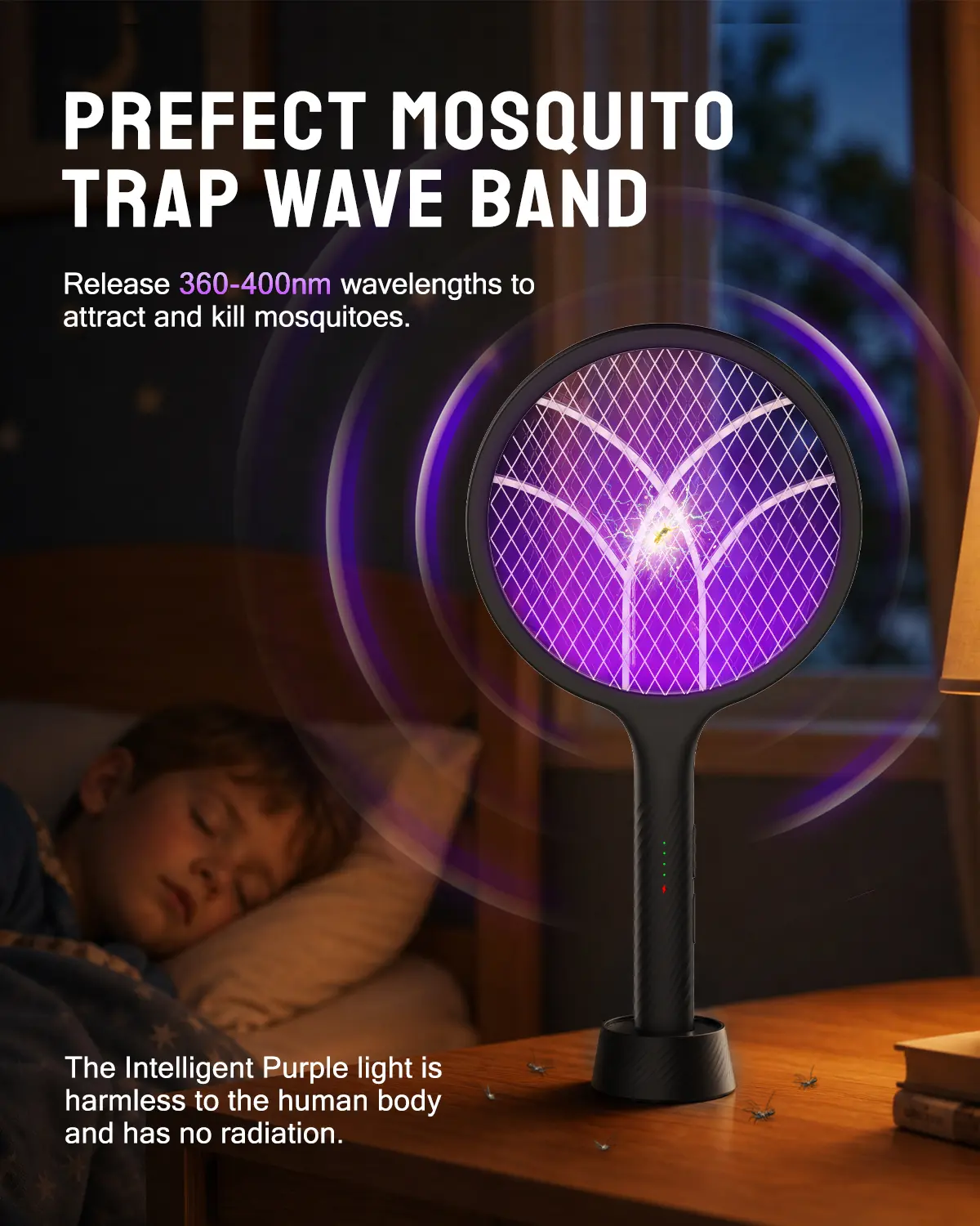 Bug Zapper Racket, Electric Fly Swatter, Mosquito Killer, 4000V, 2-in-1, Dual Modes, Purple Light, Rechargeable, 1800mAh, USB Charging Base, 3-Layer Safety Mesh, Lightweight, Home, Backyard, Camping