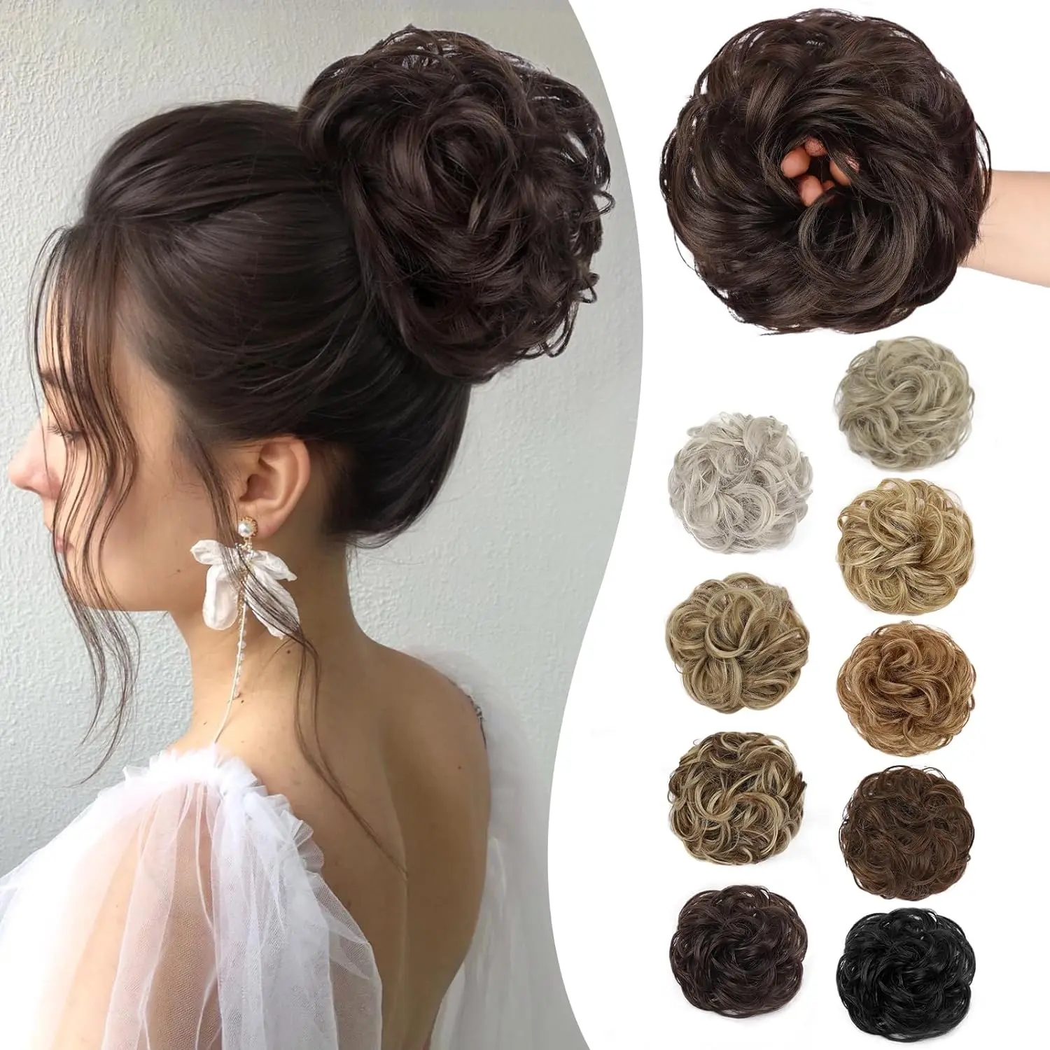 [Iridescent] Messy Bun Hair Piece Wavy Curly Scrunchies for Women Short Bun Tousled Synthetic Bun Hair Piece with Elastic Band Scrunchies Stretchy Fluffy Chignon Ponytail Hairpieces Updos for Women