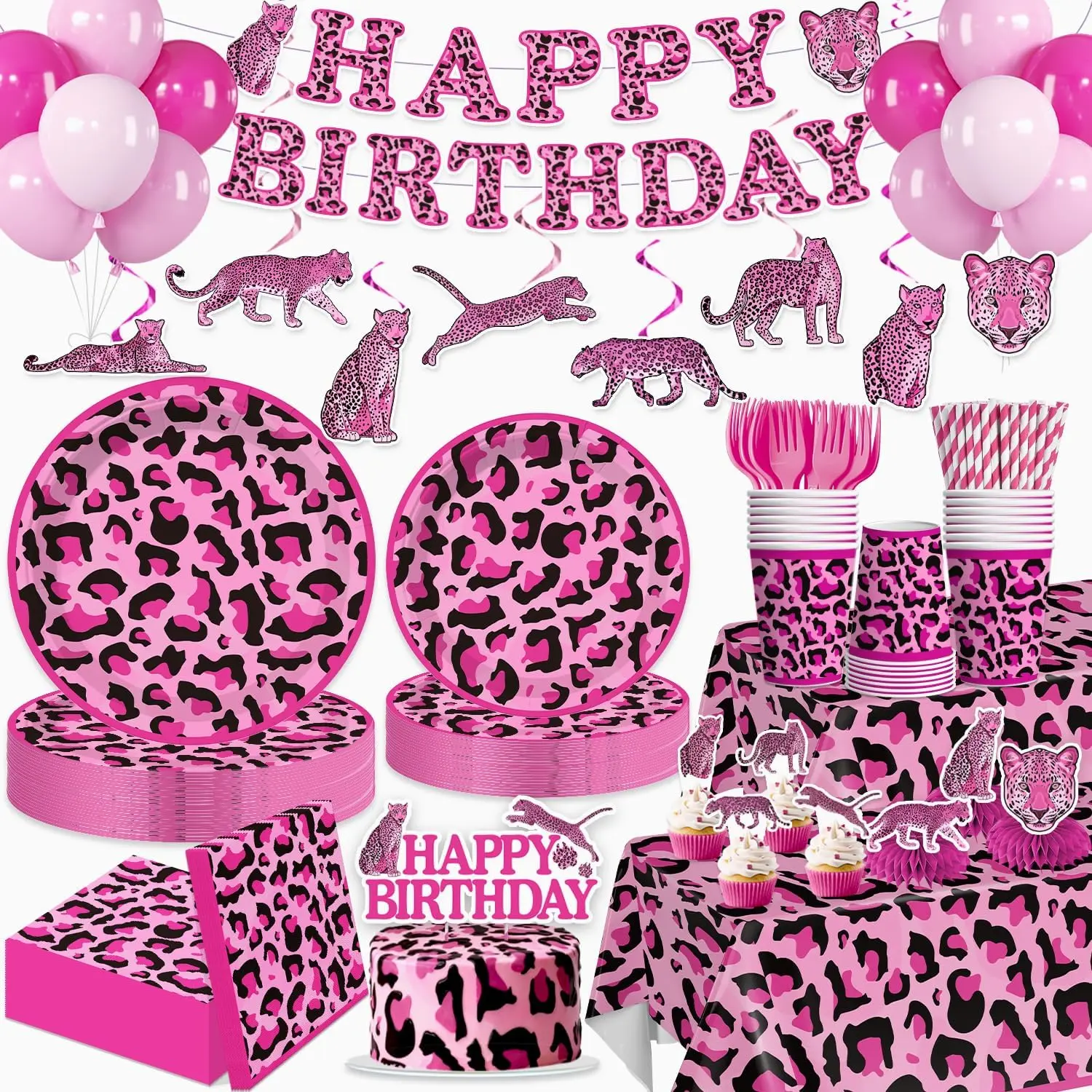 Pink Cheetah Print Paper Boxed Set - 205Pcs Disposable Tableware for 25 Serves, No-Assembly Plates, Napkins, Cake Topper, Banner, Tablecloth (Home & Festive Party Supplies)