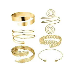 6pcs Personalized Exaggerated Leaf Bangle Geometric Metal Arm Cuff
