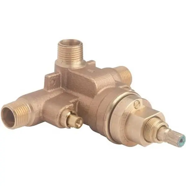 Temptrol Pressure-Balancing Brass Finish Shower Mixing Valve Body, 1/2" NPT Universal Inlets/Outlet, Built-In Service Stops, Smooth Curvy Design, Bathroom Accessories