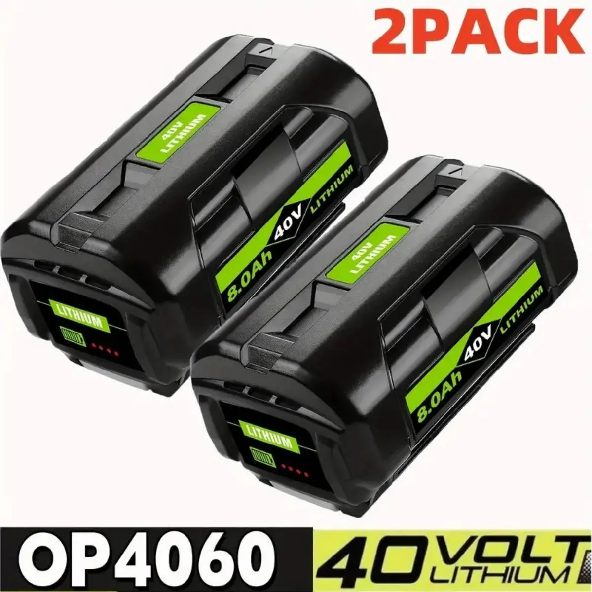 High Capacity Batteries for Ryobi 40V Power Tools - 2 Pack, 8.0Ah Cap. Lithium Ion Replaceable Batteries with LED Display, Compatible Models OP4026, OP40201, OP40261, OP4040, OP4050, OP40601, Power Tool Batteries