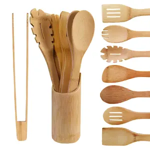 Wooden Spoons for Cooking 9-Piece – Kitchen Nonstick Bamboo Cooking Utensils Set, Healthy Bamboo Wooden Spatula Spoon for Cooking, Wood Utensils with Smooth Finish,  Includes Bamboo Spatula, Slotted Turner, Soup Ladle, Solid Spoon, Scraper, and More