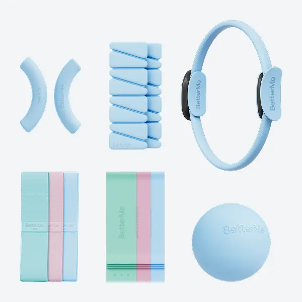 BetterMe Serenity Blue Women's Compact Pilates Sets - Female Gear Strength Flex Home Gym Functional Kit with Ring, Dumbbells, Resistance Band, Workout Ball