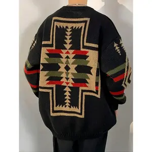 Men’s off-shoulder sweater with geometric print, autumn–winter casual long-sleeve crewneck sweater, fashionable men’s knit sweater for everyday wear GARMENTARY