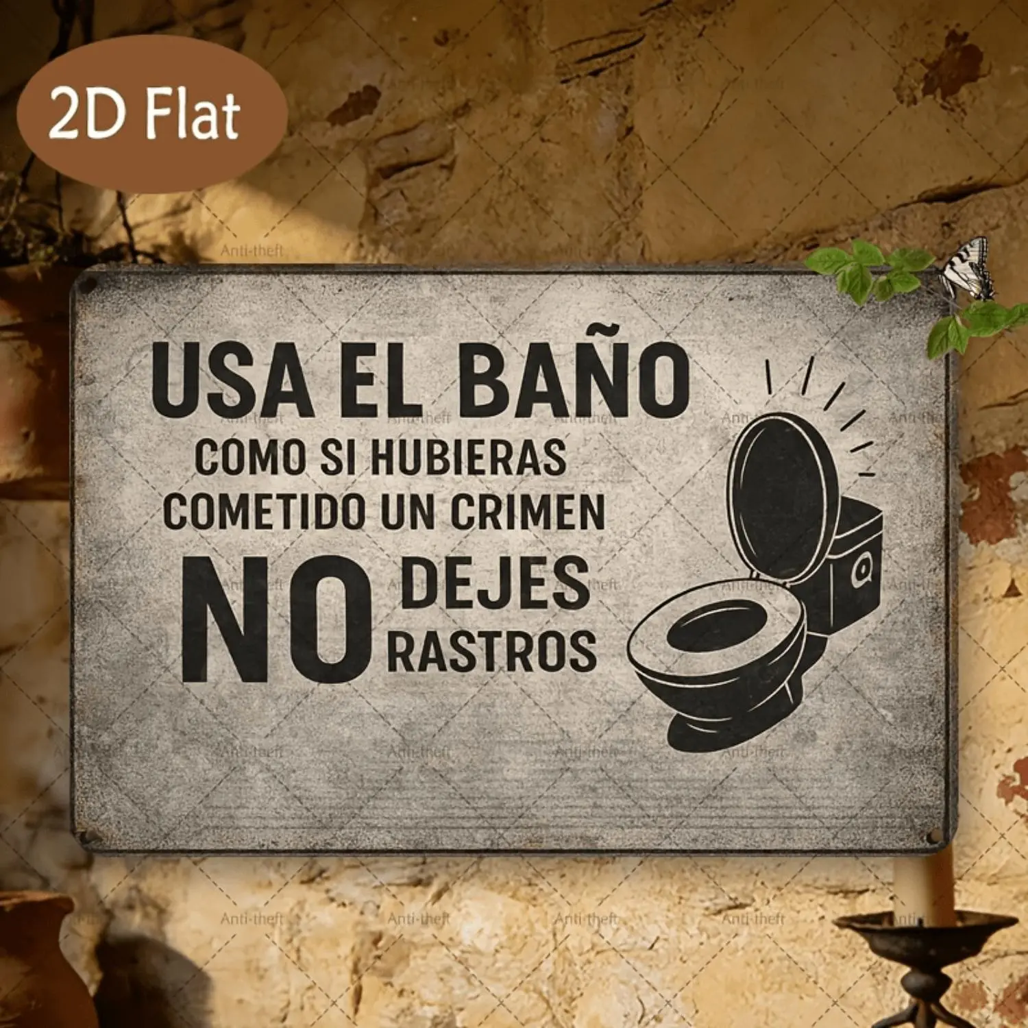 Vintage Horizontal Iron Sheet Painting Sign with Spanish Slogan and Toilet Image for Bathroom Restroom and Home Decor