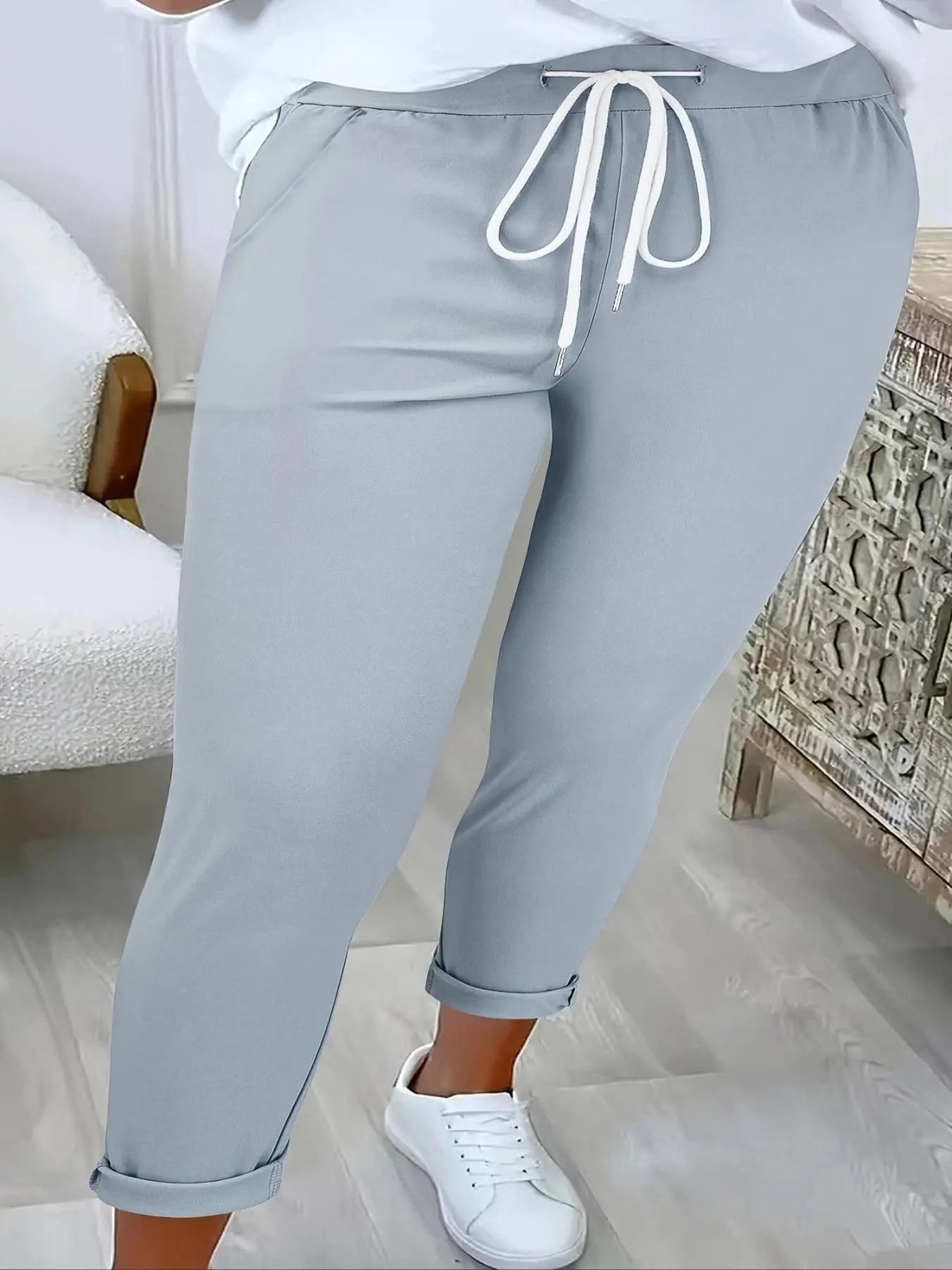 【Plus Size】 Solid Color Pants, Casual Fashion Pants, Casual Comfy Trousers for Daily Wear, Women's Bottoms for All Seasons, Casual Fitted Bottoms, Womenswear