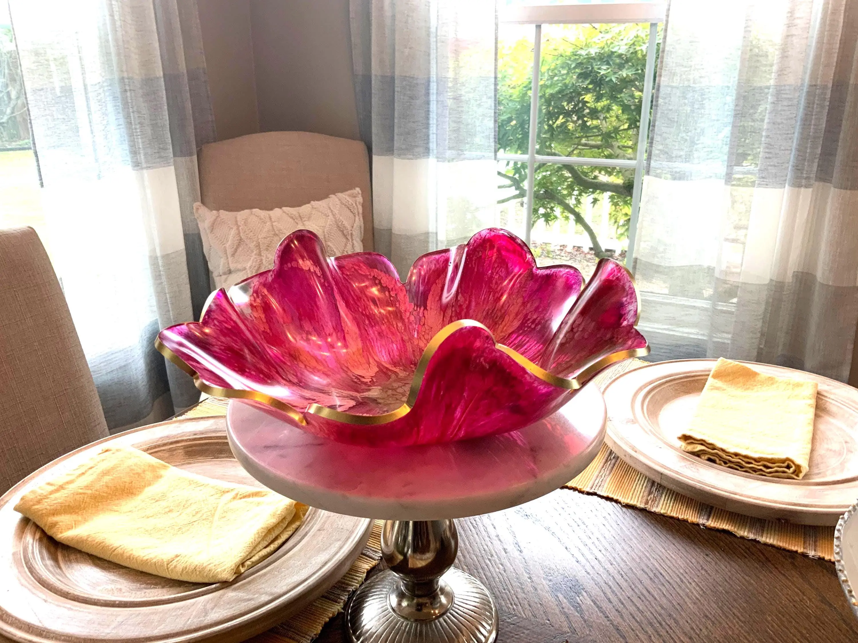 Handcrafted Resin Raspberry Swirled Look Decorative Bowl - 11¾" Diameter, 1-Piece Kitchen Tableware Dish, Fruit Serving Bowl for Color Lovers, Kitchen Counter Accent