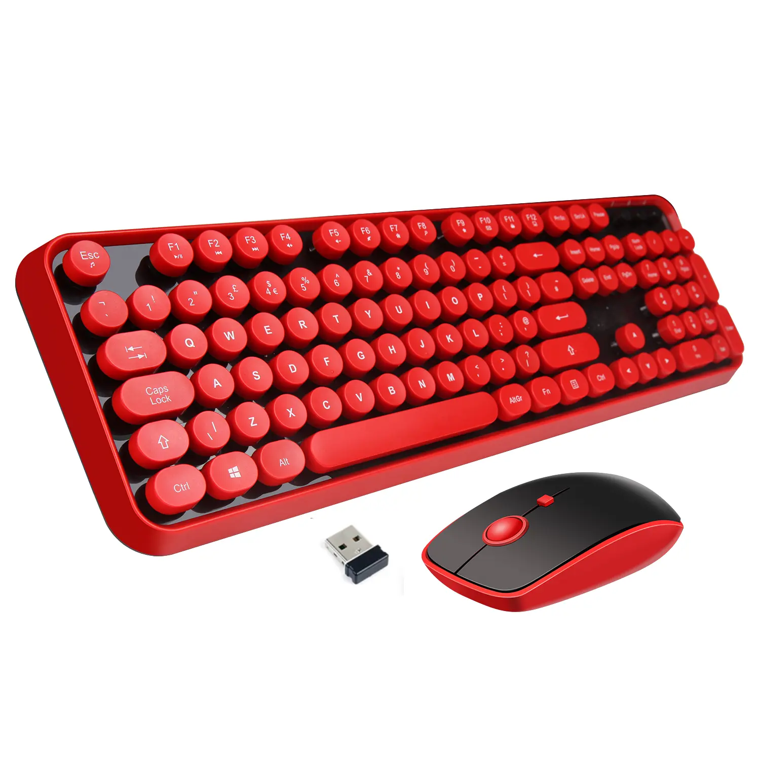 Wireless Keyboard and Mouse Combo, 104 Keys Full-Sized 2.4 GHz Round Keycap Colorful Keyboards, USB Receiver Plug and Play, for Windows, Mac, PC, Laptop, Desktop (Black Red)