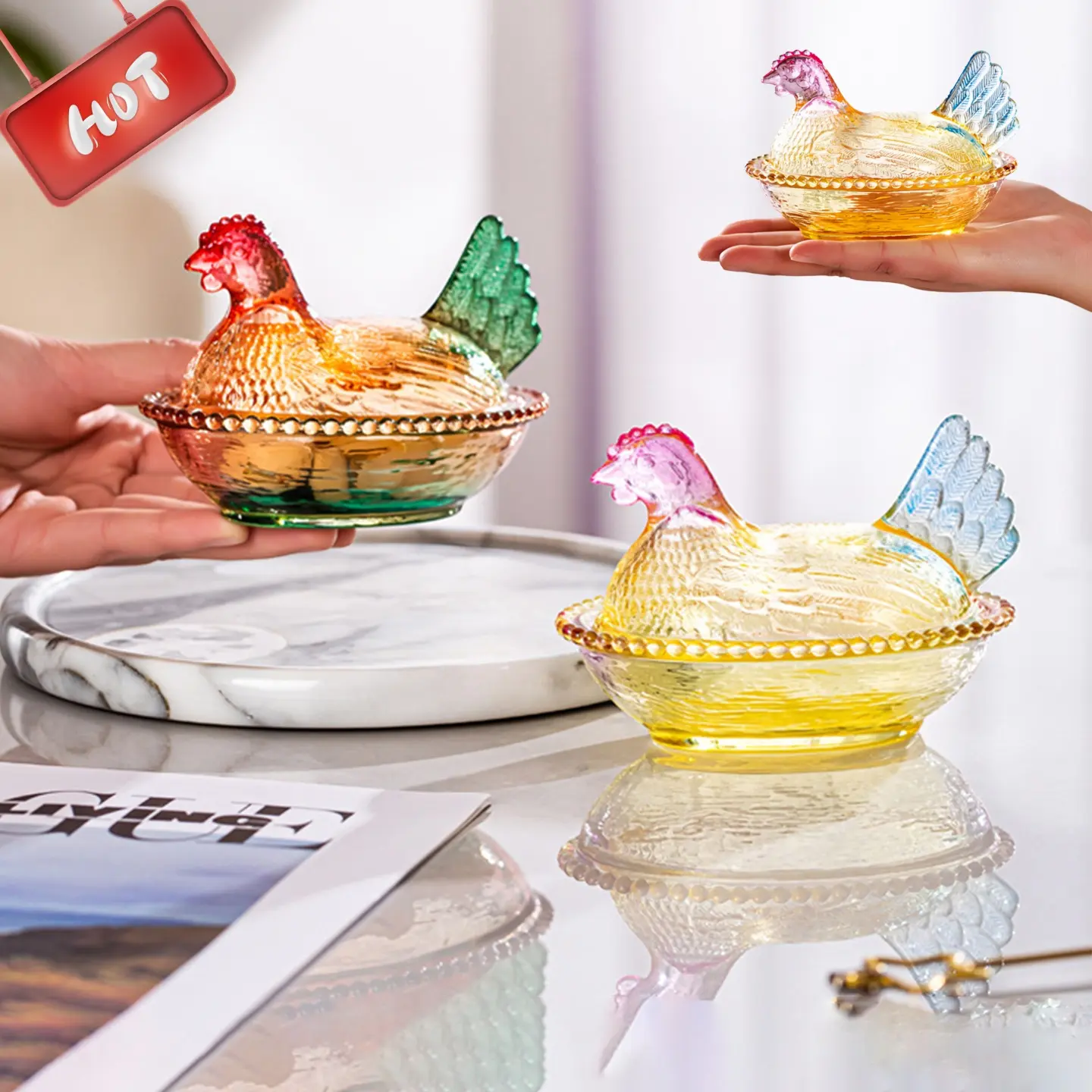 Vintage Glass Hen on Nest Dish with Lid | Large Pedestal Rooster Candy Bowl | Colorful Crystal Jar for Snacks Cookies Valentine's Day and Easter gifts