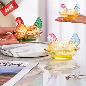 Vintage Glass Hen on Nest Dish with Lid | Large Pedestal Rooster Candy Bowl | Colorful Crystal Jar for Snacks Cookies Valentine's Day and Easter gifts