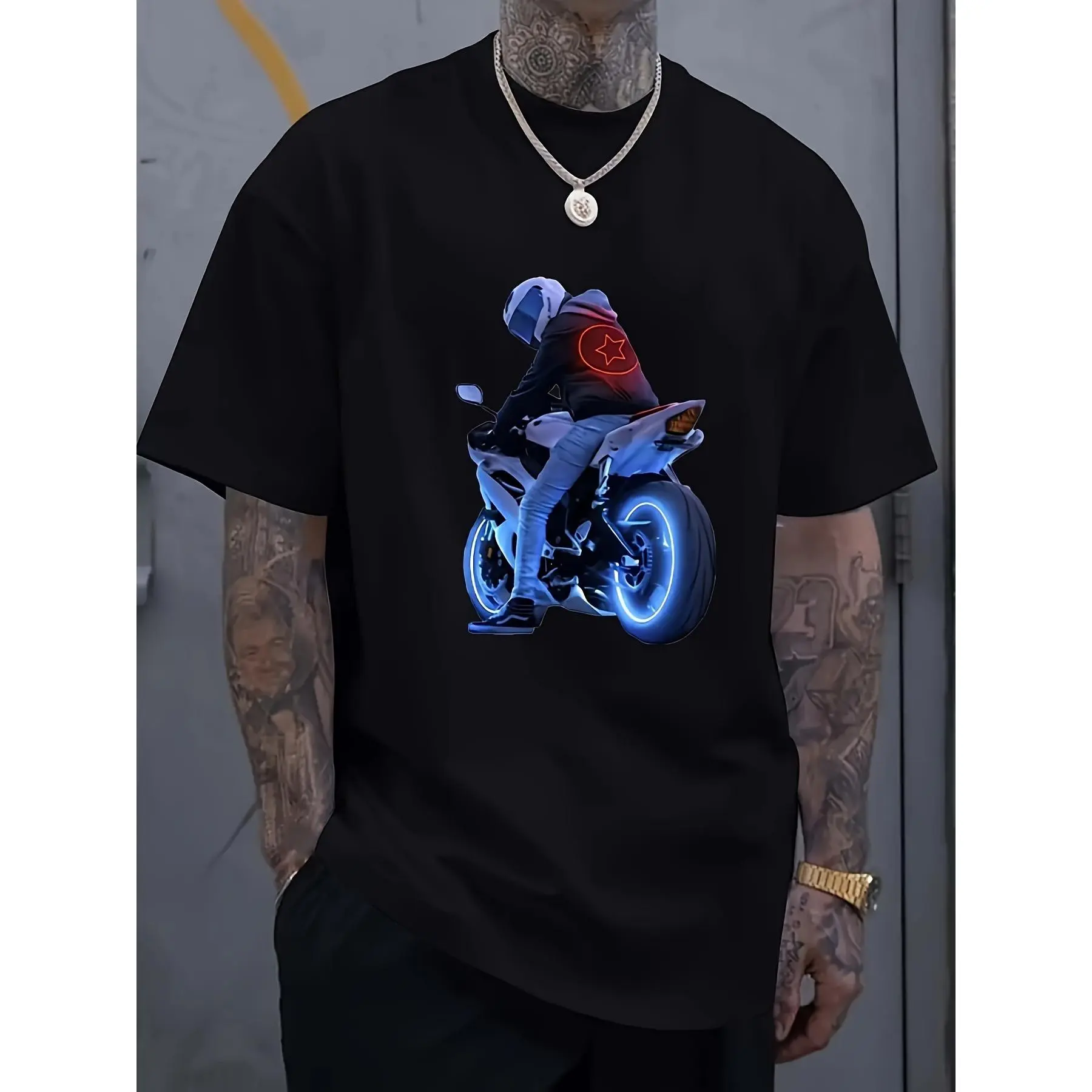 Stylish Men's Black T-Shirt with Vibrant Blue Glowing Motorcycle Rider Print - Soft, Breathable Cotton, Perfect for Summer Casual Wear & Music Festivals, Summer Casual Wear |   Modern Casual Style |   Glossy Finish Shirt