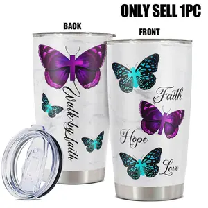 20oz Tumbler, 1 Count Stainless Steel Insulated Cup with Straw & Brush, Butterfly Pattern Drinking Cup for Home Office School, Drinkware