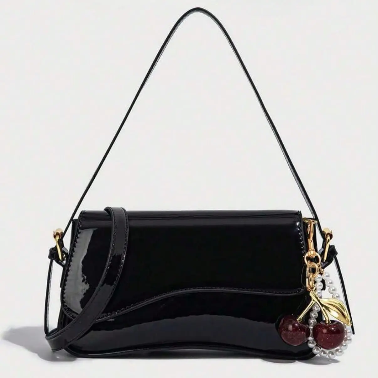 Glossy Black Shoulder Bag with Cherry Charm, Versatile Minimalist Handbag Umarm Bag Wallet Purse for Women Ideal for Work, School, Parties, Shopping, and Daily Outings