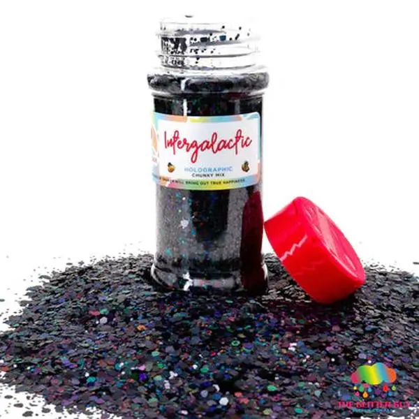 Holographic Black Chunky Glitter Nail Supplies - 100ml Intergalactic Mix Shaker, Hex Cut Clump-Free UV-Resistant Polyester Powder, Easy Control for Glitter Art Crafts