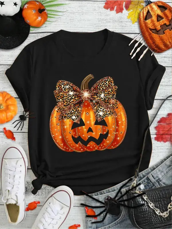 100% Cotton  Pumpkin Leopard Coquette Bow Girly Women Girls Halloween T-Shirt Print Round Neck Short Sleeve Streetwear Fashion Breathable Homme Soft Unisex Designer Clothes For Women Casual Clothes Golf Gift T-Shirt For Men And Women