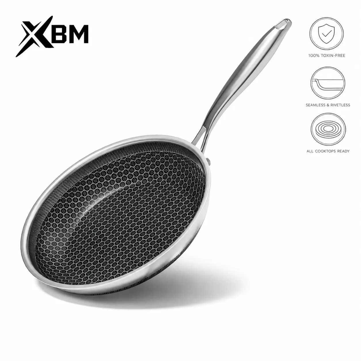 [ Special deal ]XBM Hybrid Nonstick Frying Pan with Smooth Base , Tri-Ply Stainless Steel Honeycomb Skillet, Healthy PTFE/PFOA Free Ceramic Coating, Stay-Cool Handle, Induction Ready & Oven Safe Cookware Aluminium Carbon Metal pots and pans set