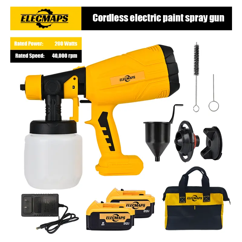 Cordless paint sprayer gun, handheld high-power paint sprayer suitable for 20V batteries, 200W power, 1000 ml large-capacity container, adjustable flow rate and spray distance, ideal for painting homes, furniture, cabinets, and more.
