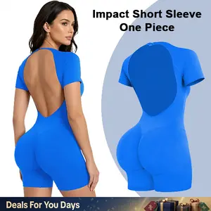 GYMER Impact Short Sleeve One Piece Women Soft Padded Bralette Tummy Control Butt Lifting Gym Workout Yoga One Piece Activewear