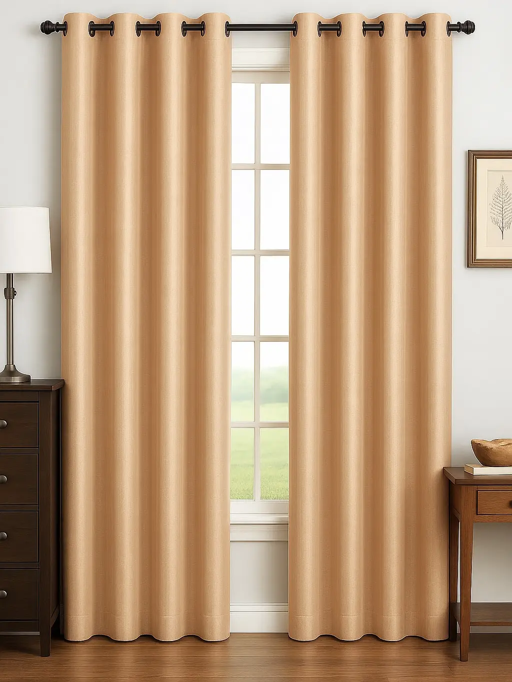 Luxury Glow Faux Silk Curtain Panel – 2 Panel Set, Each 54x84”, 8 Grommets, Elegant  Light Filtering Drapes for Bedrooms Living Rooms -Beige