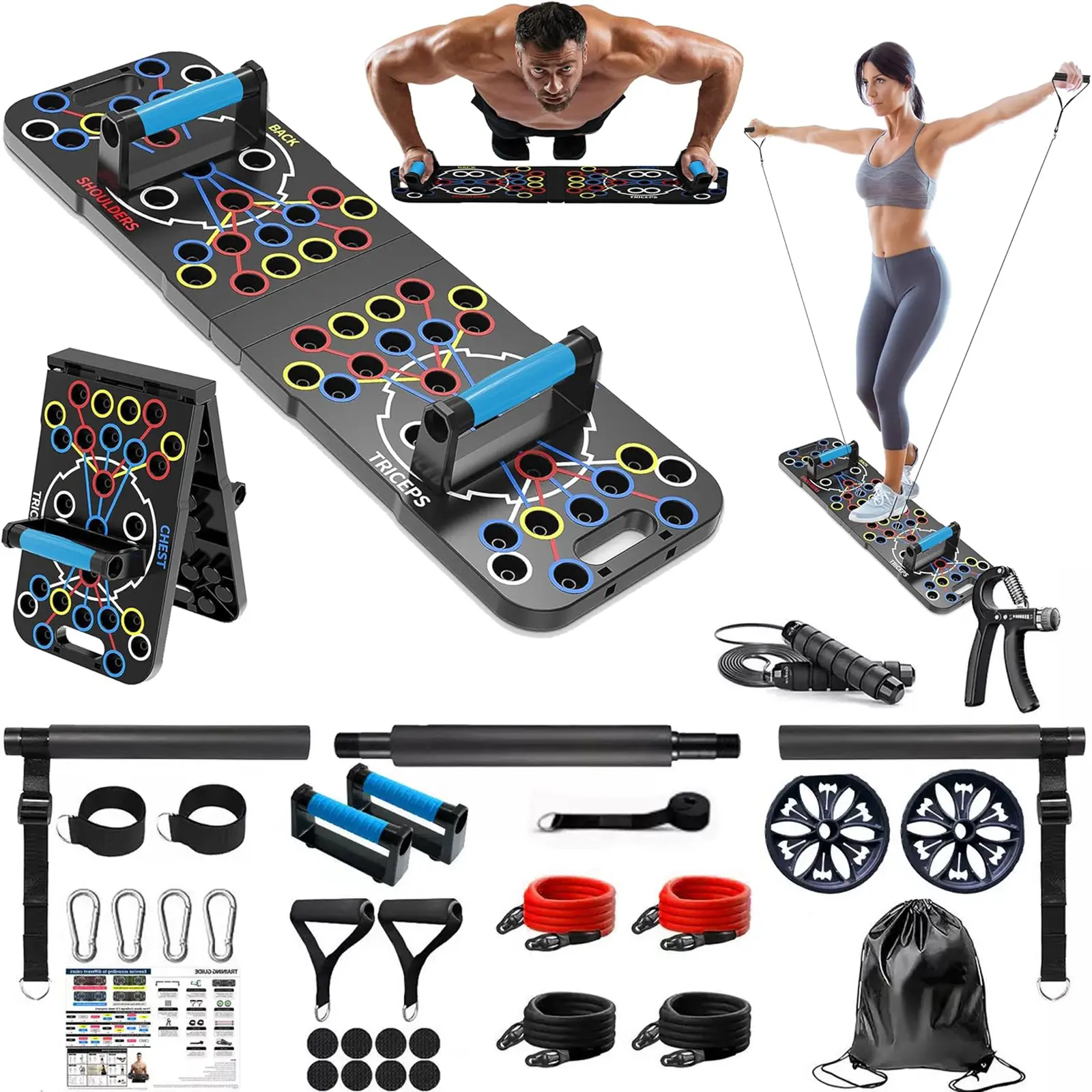 1-in-1 Push Up Board for Home Workout, Compact Portable Kitchen Specialty Gear for Fitness Enthusiasts, Anti-Slip Bottom, Resistance Bands for Efficient Upper Body & Core Training, Includes Bands