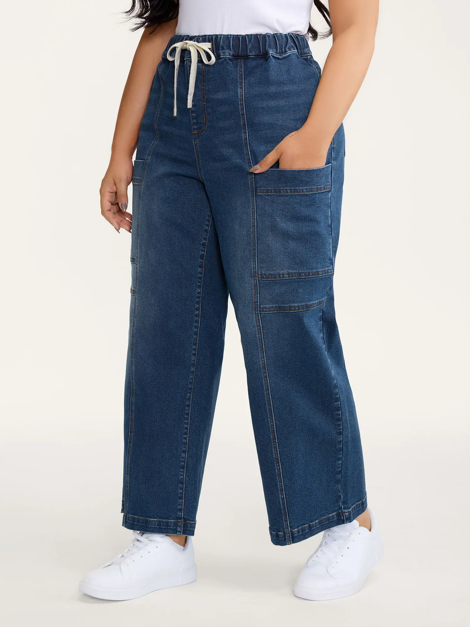 BloomChic Jeans for Plus Size Women, Casual Straight-Leg Curvy Fit in High-Stretch Cotton Denim with Tummy Control and Drawstring Waist, Fabric, Bottom, Pocket, Bluevintage, Plus Size Clothes, Curvy Women Plus Size