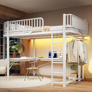 Queen Loft Bed with L-Shaped Desk,LED Light Strip and Charge Station, Metal Loft Bed with Computer Mainframe Tray and Hanging Area, Special Round Pipe Design, White