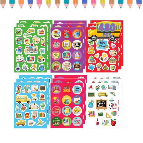 480PCS Back to School Stickers for Kids, Welcome Back to School Stickers, First Day of School Classroom Reward Stickers, Teacher Supplies, School Scrapbook, Water Bottle & Label Stickers