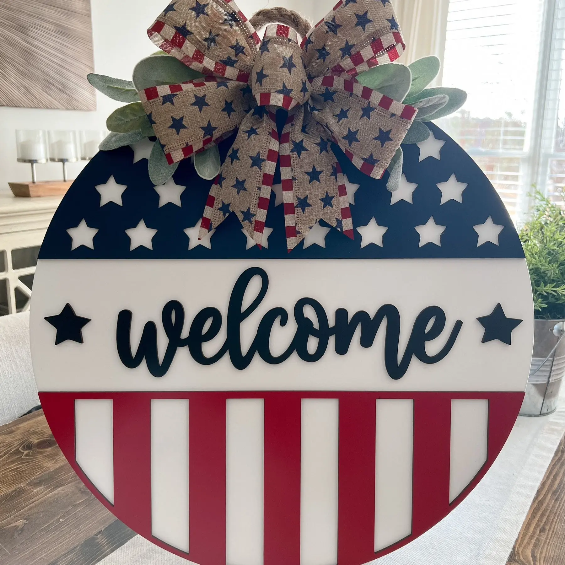 Patriotic Door Hanger for Fourth of July, Wooden Welcome Decor for Front Door, Festive Wreath and Home Decoration, Perfect Gift for Independence Day, Home Decor Ornament, Festival Decoration, Decorative Ornament